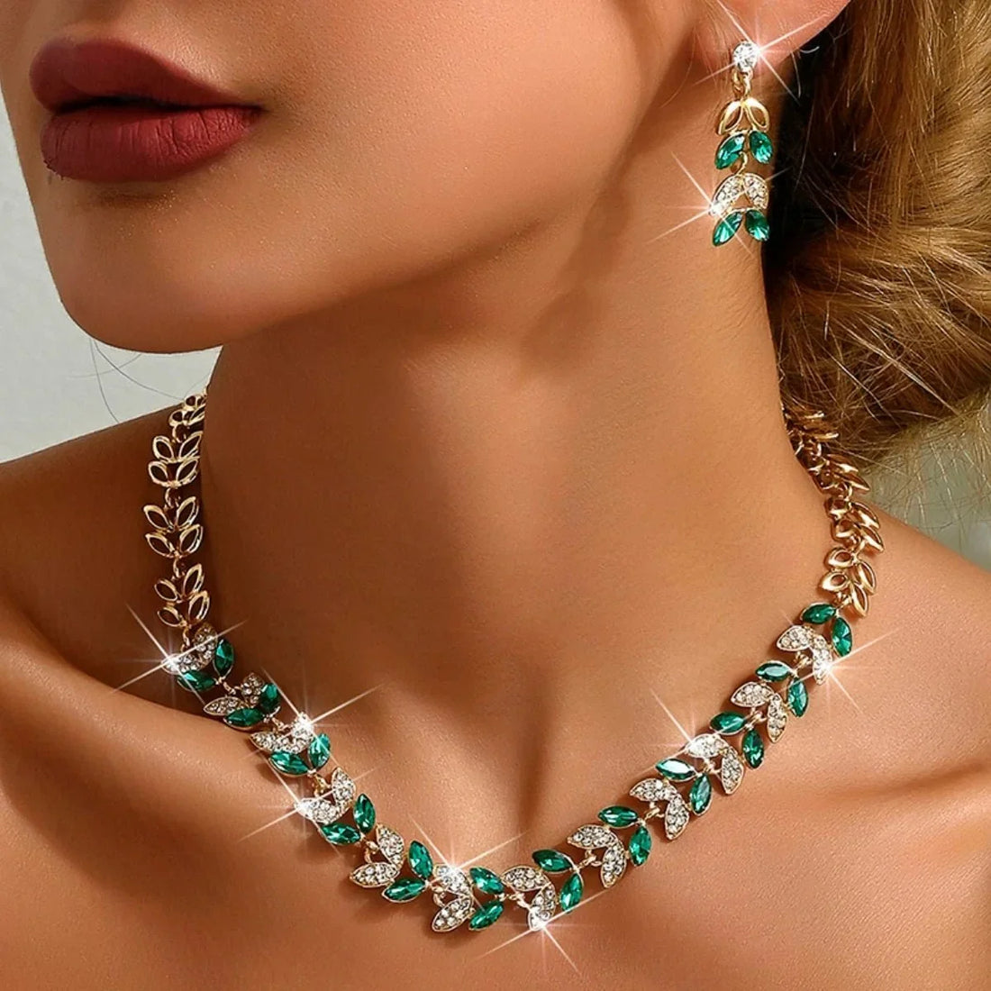 3-teiliges Damen-Schmuckset mit Blattmotiv und Steinakzenten