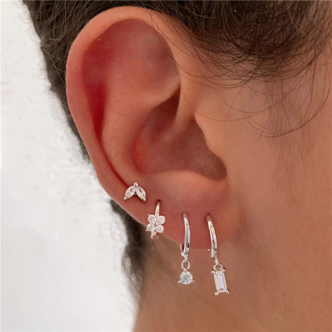 4-teiliges Ohrring-Set - Geometrische Marquise-Blumen-Zirkonia