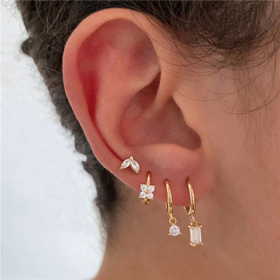 4-teiliges Ohrring-Set - Geometrische Marquise-Blumen-Zirkonia
