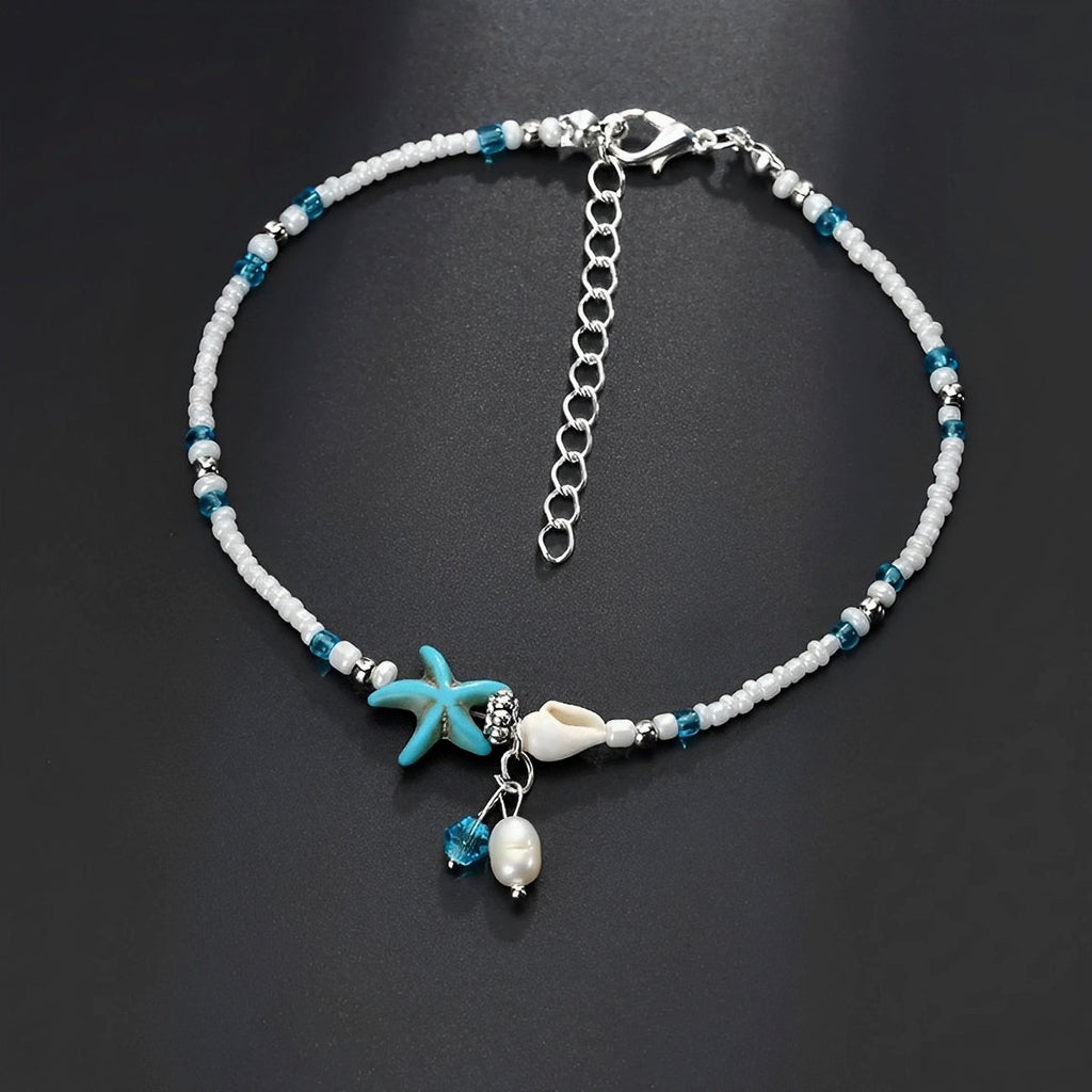 Isla – Knöchelarmband mit Stern, Muschel und Natursteinen