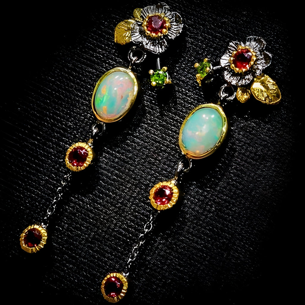 Yara – Boho-Ohrringe mit Opal und rotem Zirkonia