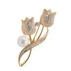 Jackie – Goldene Tulpenbrosche mit Zirkon & Perle, Gold