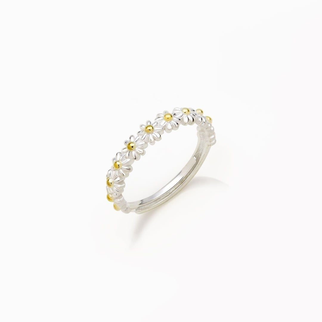 Dahliana – Ring Margerite in Silber Verstellbar und Handbemaltem Emaille