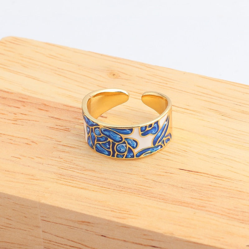 Kamille – Ring Camille Groß Blau Blattmuster