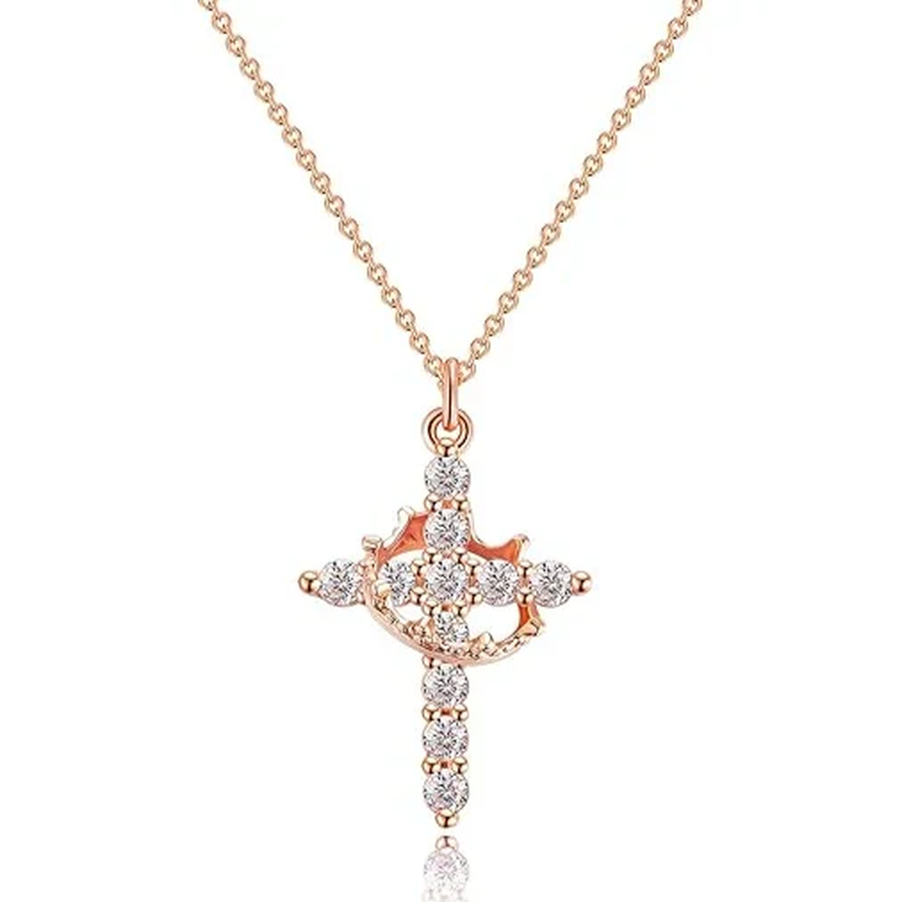 Damen Anhängerkette mit Kreuz- und Kronenmotiv und Steinbesatz