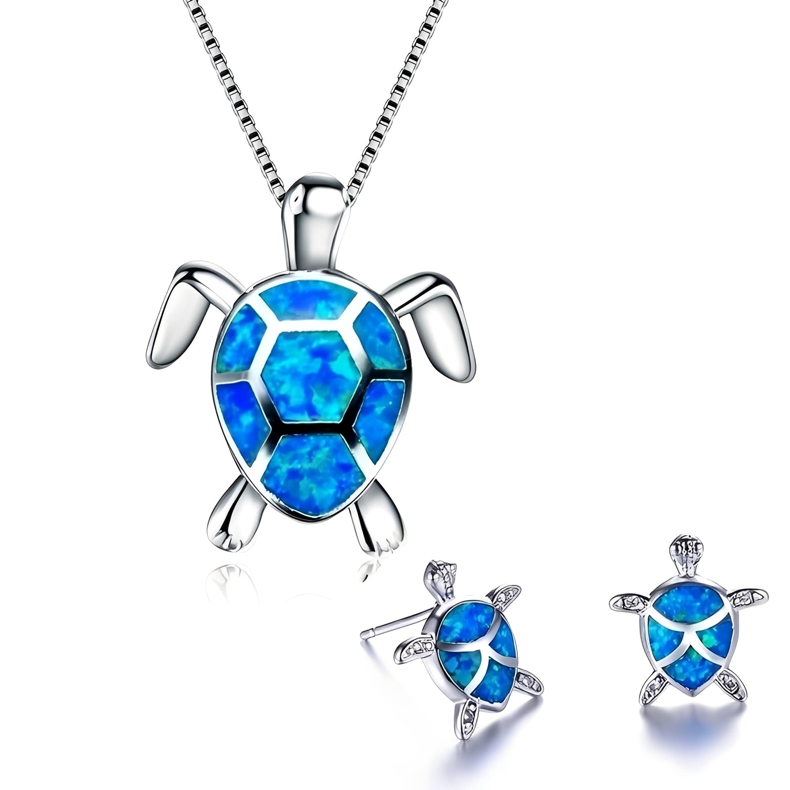 Kailea – Schmuckset Schildkröte aus Opal und Silber (Halskette + Ohrringe)