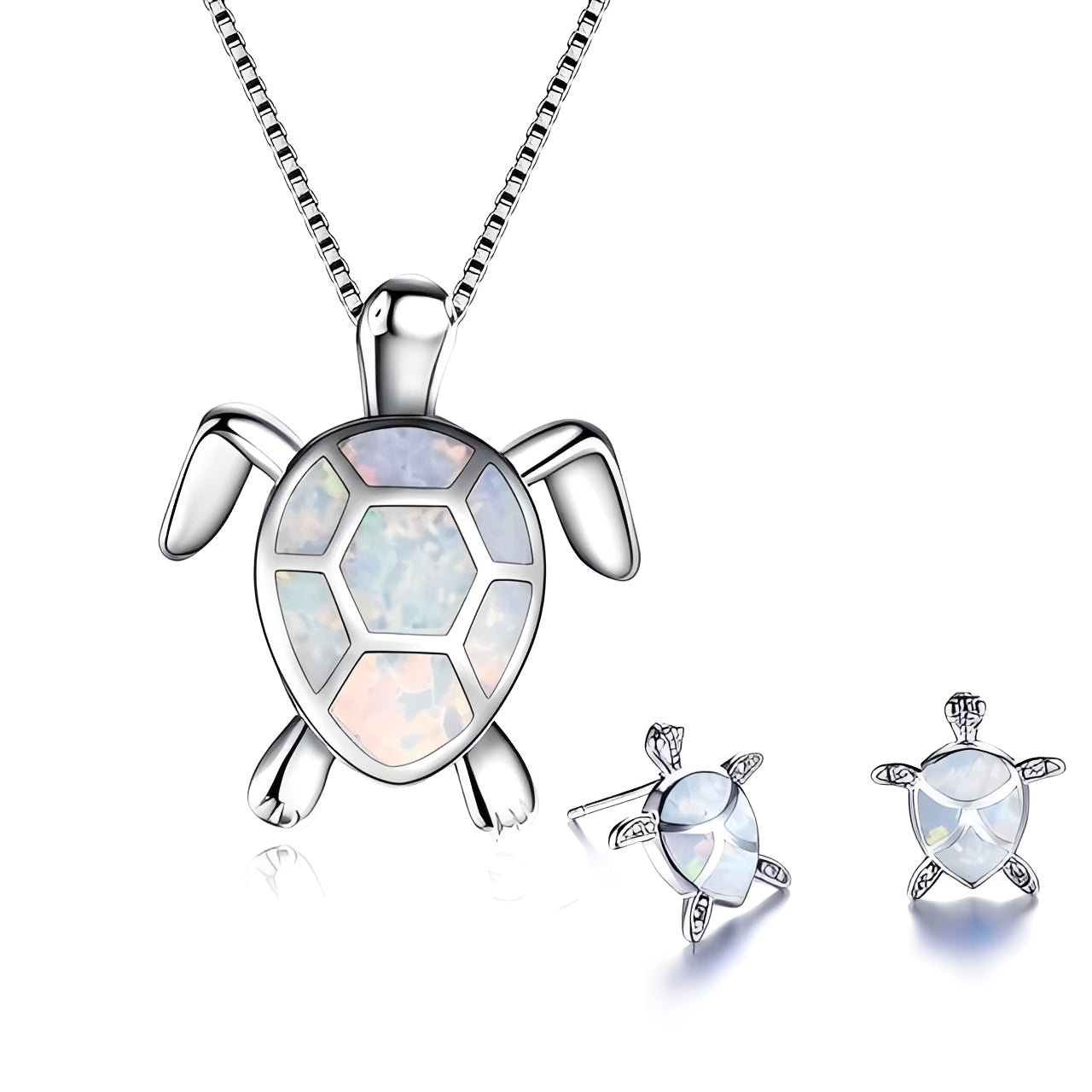 Kailea – Schmuckset Schildkröte aus Opal und Silber (Halskette + Ohrringe)