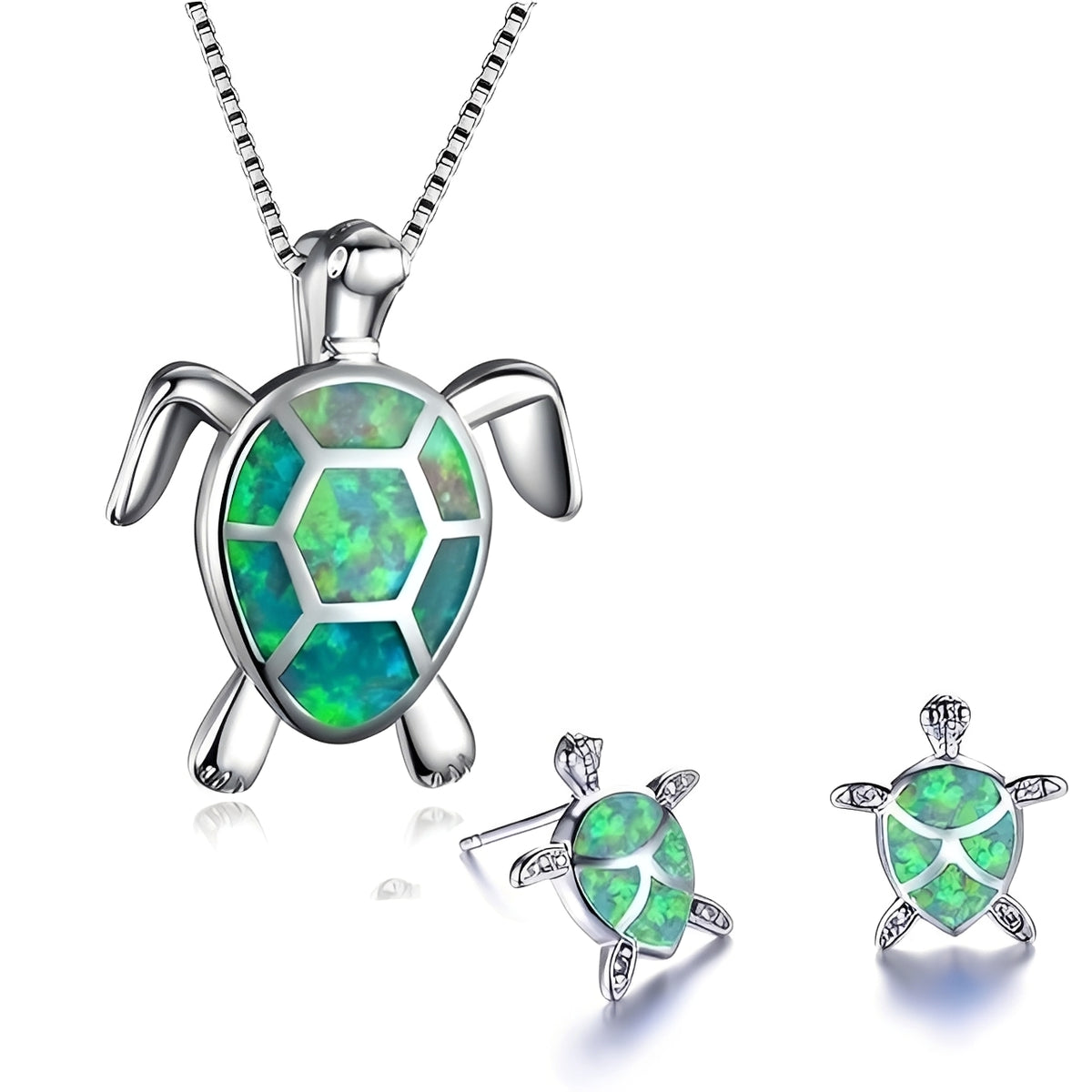 Kailea – Schmuckset Schildkröte aus Opal und Silber (Halskette + Ohrringe)